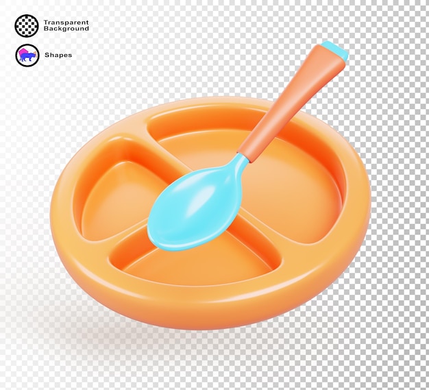 Plato de sección infantil con cuchara para servir comida para bebés icono de renderizado 3D Maqueta realista de plato de plástico vacío color cuenco redondo de silicona para alimentar a los niños pequeños elementos de diseño aislados