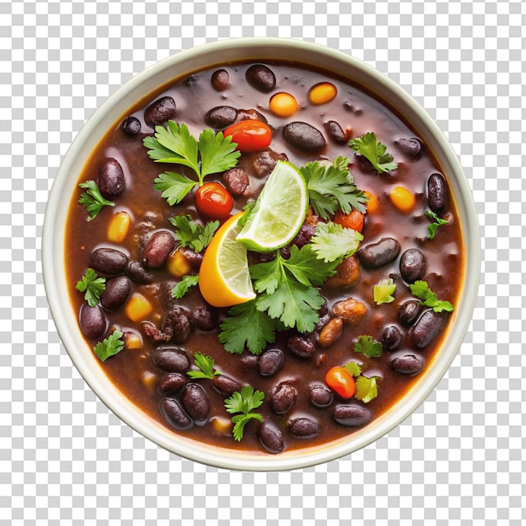 PSD un plato de sopa con frijoles, tomates y otras verduras en la parte superior sobre un fondo transparente