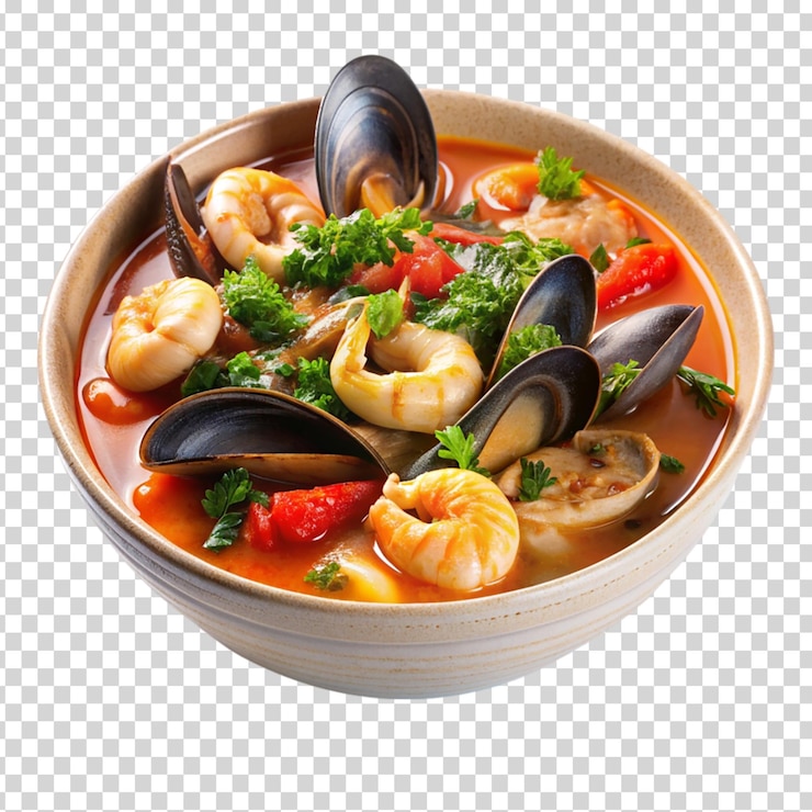 PSD un plato de sopa lleno de almejas camarón en un fondo transparente