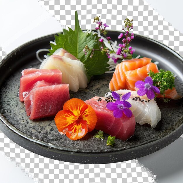 PSD un plato de sushi con flores y hojas en él