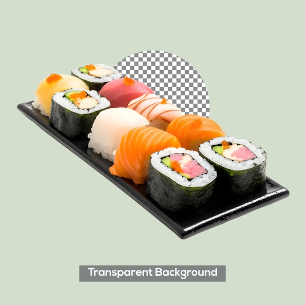 Un plato de sushi con un letrero que dice fondo transparente.
