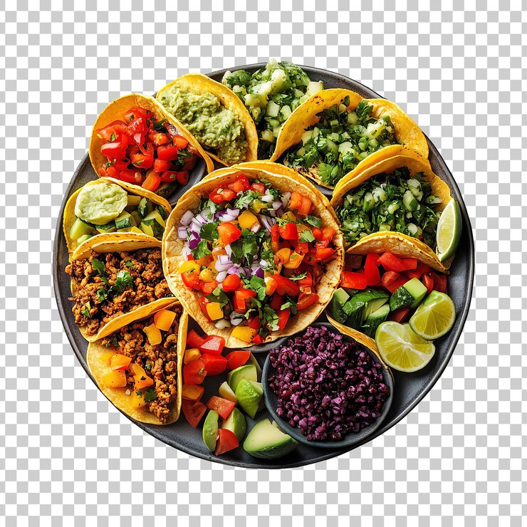 PSD plato de tacos con guacamole y verduras sobre un fondo transparente