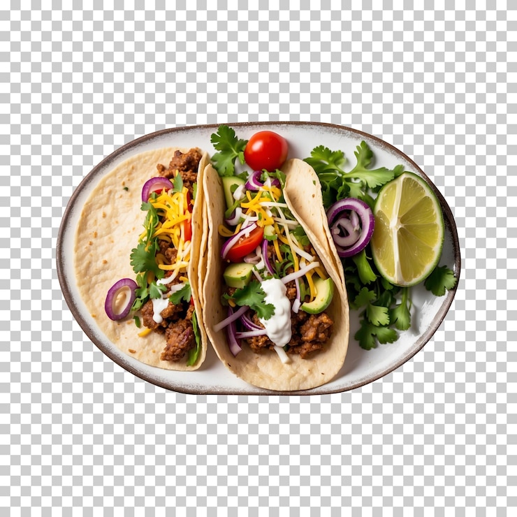 PSD un plato de tacos y un plato con una cuña de limón tacos frescos aislados en un fondo transparente