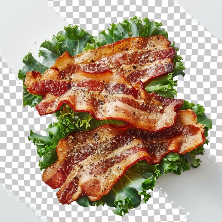 PSD un plato de tocino con una lechuga de hojas verdes