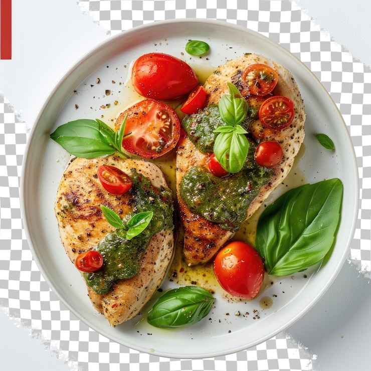 PSD un plato de tomates de pollo y albahaca