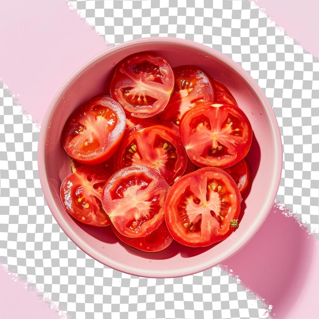 Un plato de tomates que están en un plato rosa