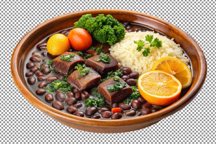 PSD plato tradicional brasileño de feijoada servido con arroz y naranja