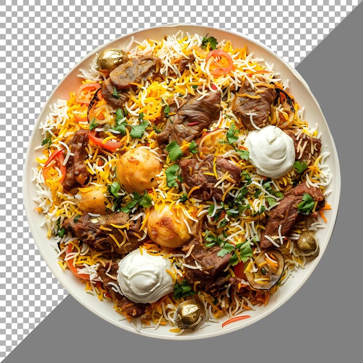 PSD plato tradicional indio de biryani en un fondo transparente generado por ai