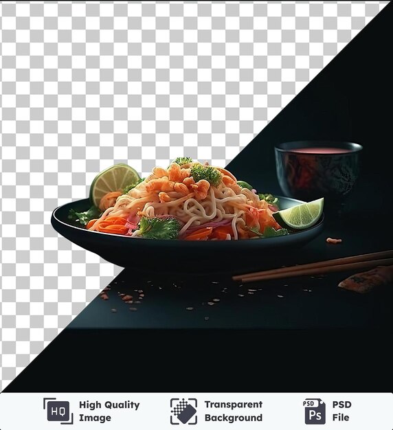 PSD plato transparente de fideos pad thai con limón cortado y palillos en una mesa negra acompañado de una taza roja