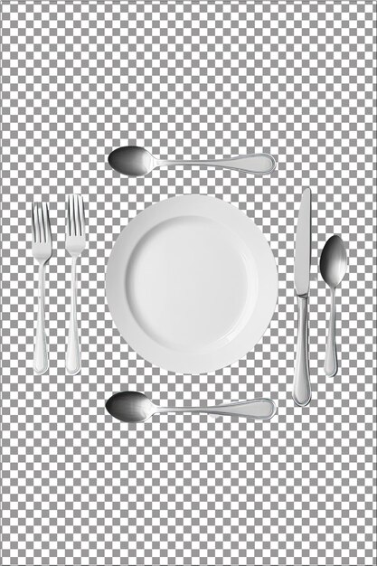 Un plato vacío, una cuchara, un tenedor y un cuchillo, un juego de comedor limpio colocado en una mesa, hiperrealista, aislado.