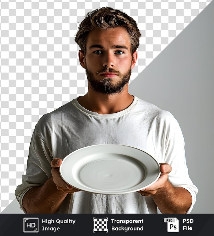 PSD plato vacío sostenido por un hombre con fondo transparente de primera calidad