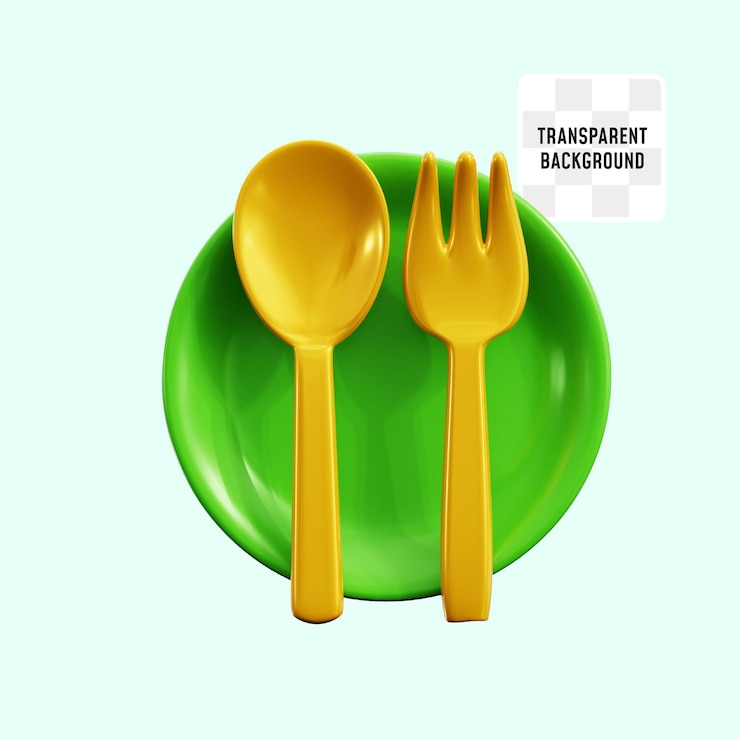PSD plato verde con cuchara de oro tenedor comer tiempo para el descanso ayuno ramadán mes sagrado ilustración de icono 3d diseño de renderización