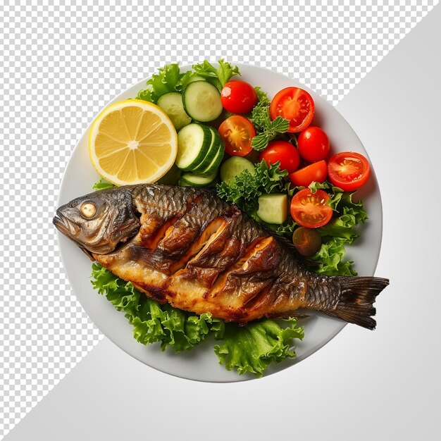Un plato de verduras de pescado y limones sobre un fondo blanco