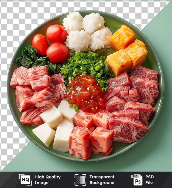 PSD plato de yakiniku con carne, verduras y arroz en una mesa verde acompañado de un queso blanco de tomate rojo y queso en rodajas