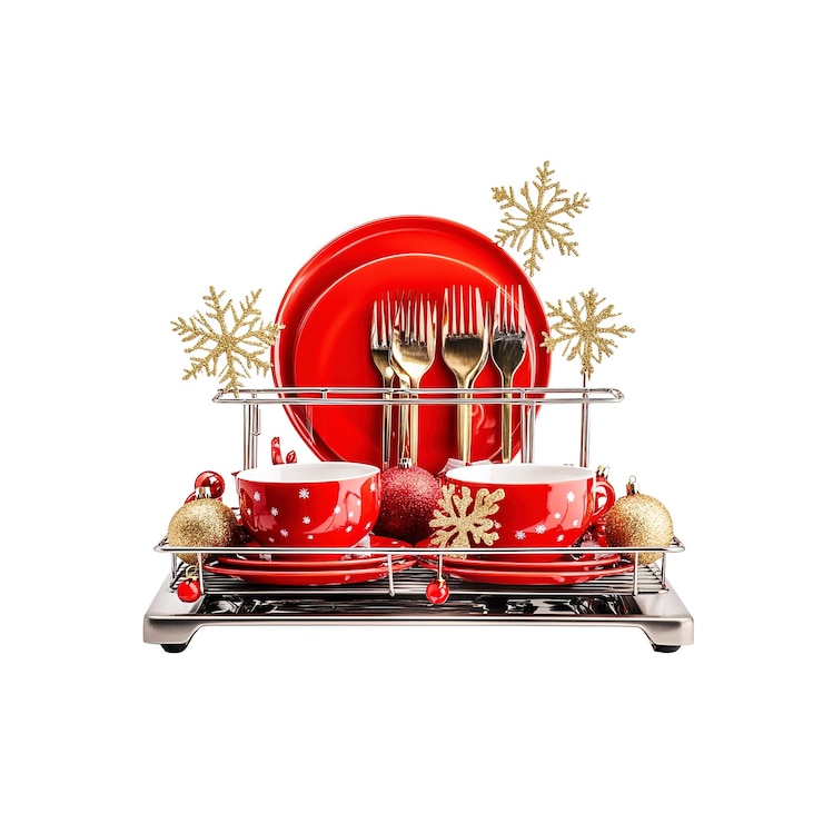 PSD platos y cubiertos rojos festivos en un estante de platos con decoraciones navideñas