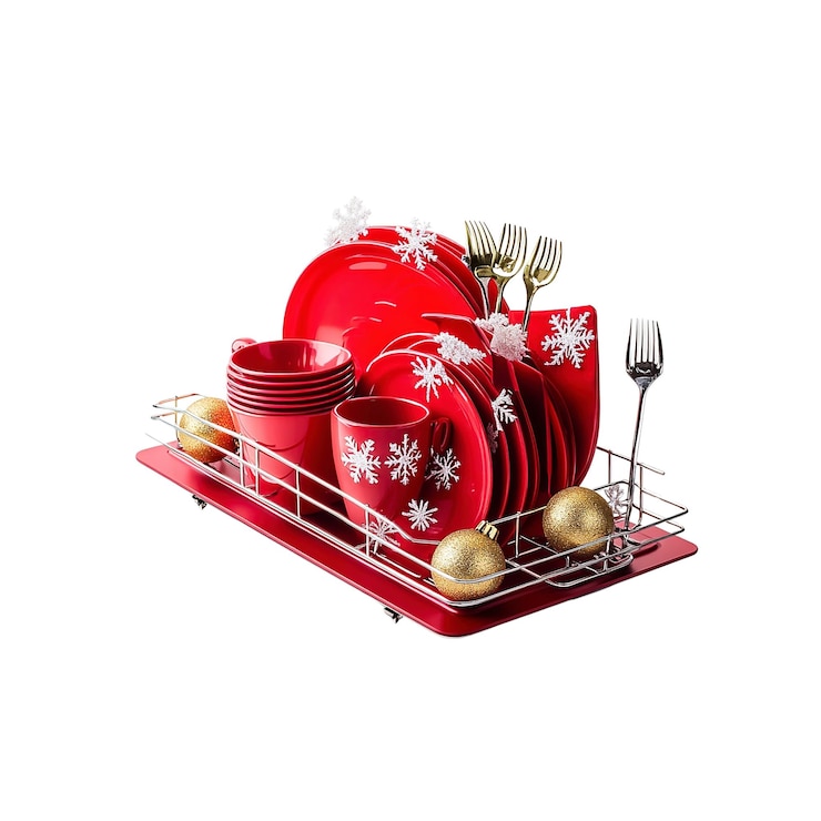 PSD los platos rojos de navidad en un estante de secado