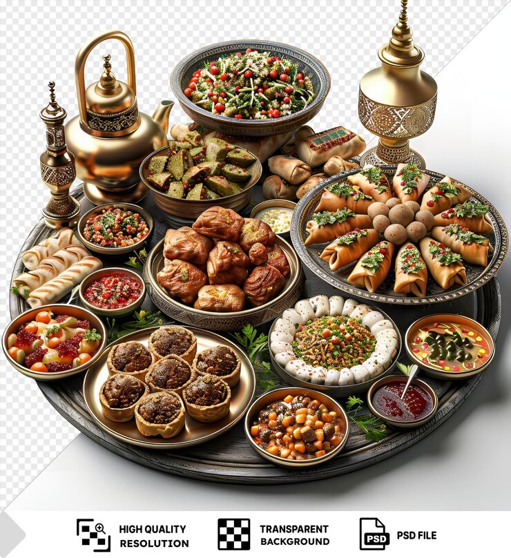 PSD los platos tradicionales transparentes de eid al-fitr se muestran en un fondo transparente acompañados de una variedad de cuencos en marrón, blanco y rojo con un mango de oro visible en el fondo.