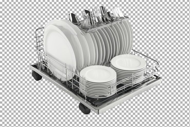 PSD los platos y utensilios limpios se almacenan cuidadosamente en un estante de platos de acero inoxidable con ruedas