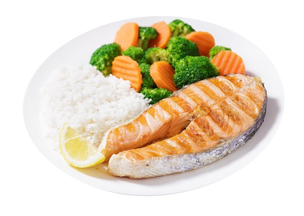 Platte aus gegrilltem Lachs, Reis und Gemüse, isoliert auf durchsichtigem Hintergrund