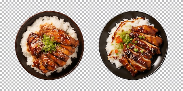 PSD platte mit teriyaki-hühnchen und reis, isoliert auf einem transparenten hintergrund