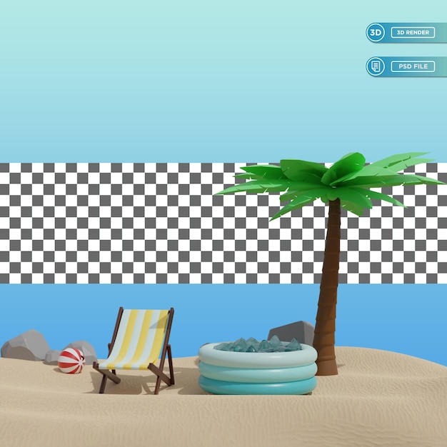 PSD playa con sillas piscina para niños voleibol y palmera ilustración 3d psd premium