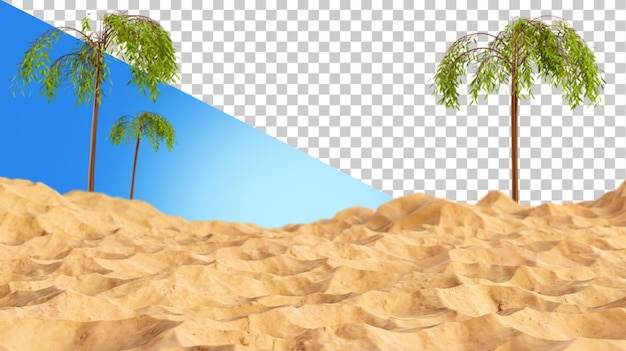 PSD playa de verano con palmeras enfoque selectivo playa de arena tropical seascape 3d render