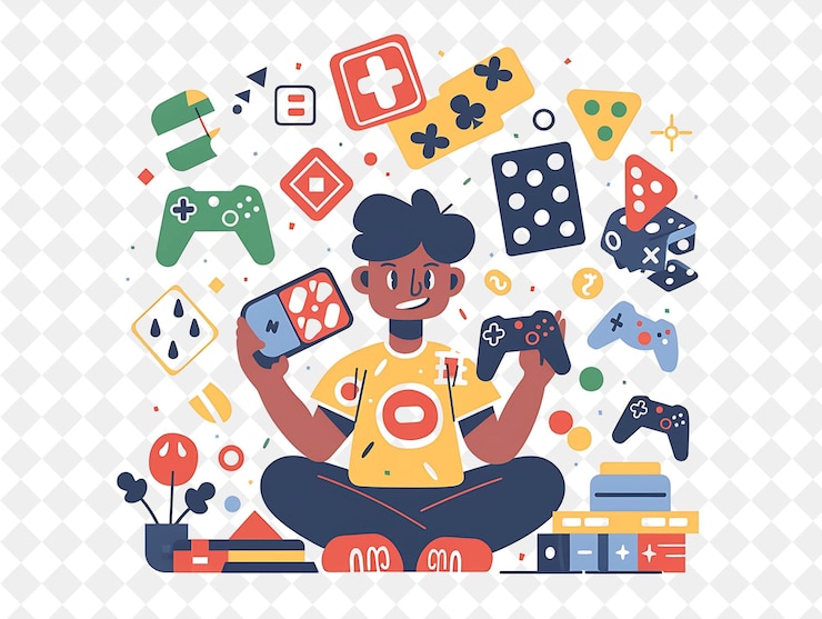 PSD playful game designer with characters designing and playing png people in daily work illustration