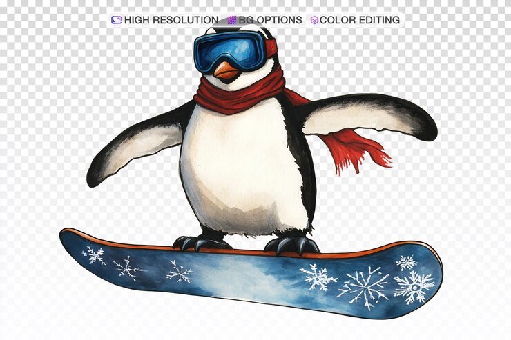 PSD playful penguin snowboarding in stained glass style on white background