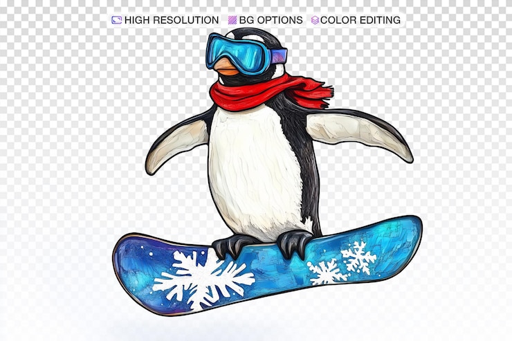 PSD playful penguin snowboarding in stained glass style on white background