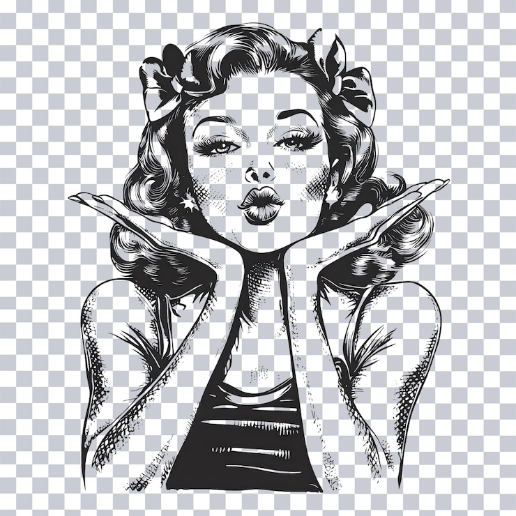 PSD playful pinup girl soprando um beijo com um piscar de olhos para temas retrô fundo transparente