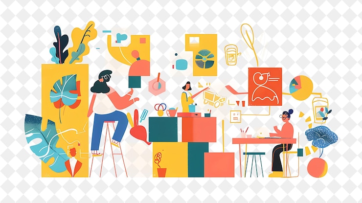 PSD playful product designer with characters designing and creat png people in daily work illustration