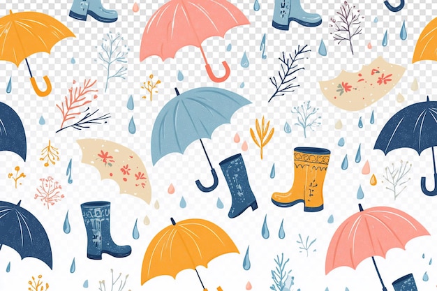 playful rainy day pattern with umbrellas and boots