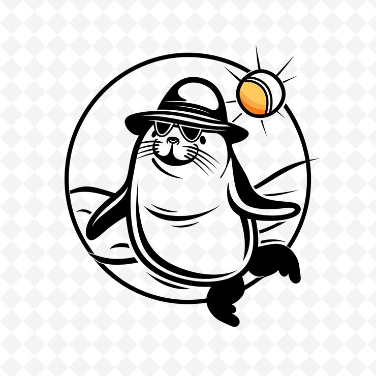 PSD playful seal animal mascot logo with beach ball and sun hat cute abstract vector designs