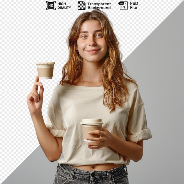 PSD pleased young caucasian woman keeping hand air looking camera stretching takeaway coffee cup out towards camera against gray and white wall wearing white shirt and blue jeans with brown and red hair