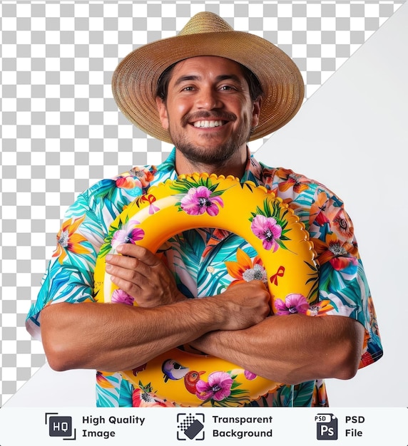 PSD plein corps jeune souriant joyeux amusant cool touriste homme porter chemise de plage chapeau tenir anneau gonflable regarder caméra studio portrait vacances d'été repos de mer sur la plage