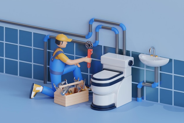 PSD un plombier masculin inspecte les tuyaux pour l'alimentation en eau centrale des toilettes plombier dans la salle de bain