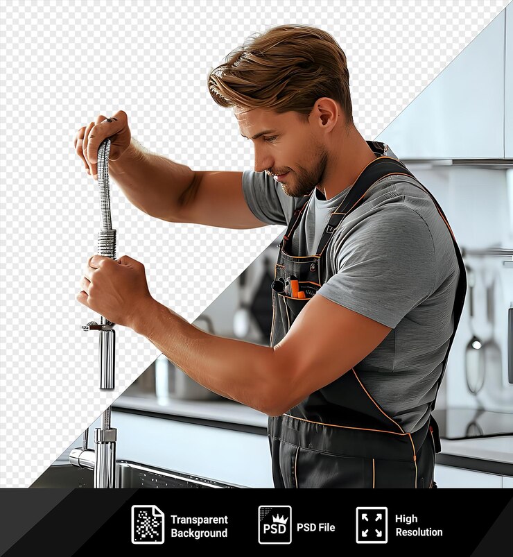 PSD plombier réparant un robinet dans la cuisine png