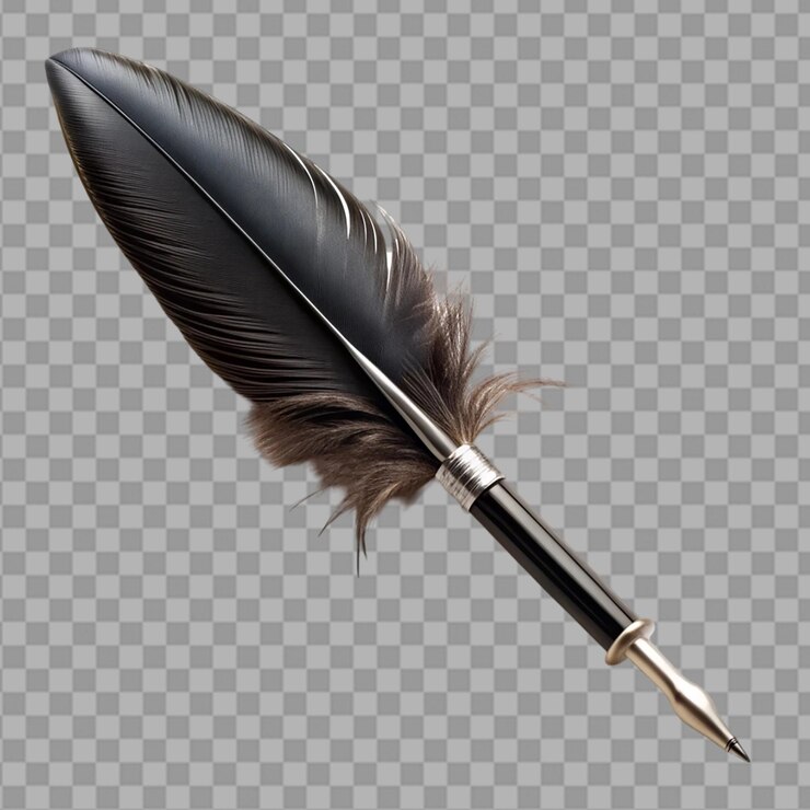 PSD una pluma negra con una pluma en la parte superior sobre un fondo transparente
