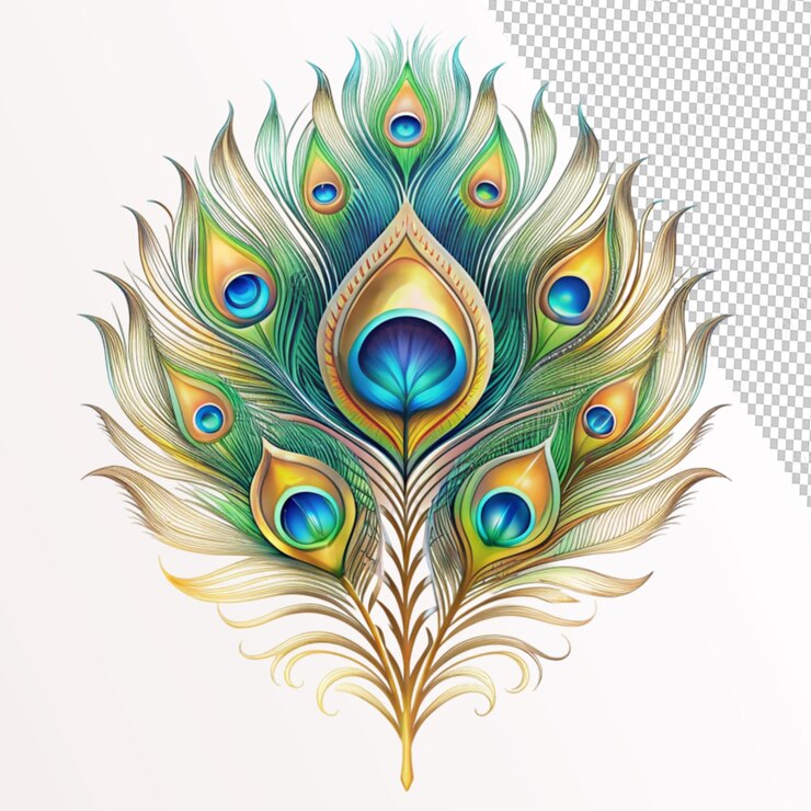 PSD pluma de pavo real decorativa sobre un fondo transparente