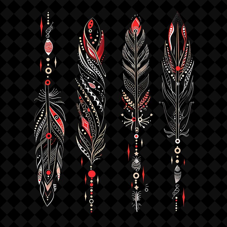 PSD plumas estilizadas con patrones tribales diseño de líneas fronterizas de colecciones de arte de collage de png