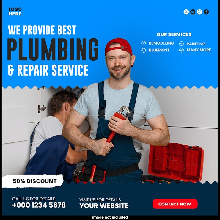 PSD plumbing serviço flyer mídia social post web banner modelo de design