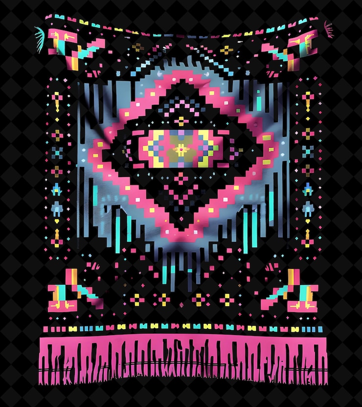 PSD plush throw blanket 8 bit pixel con fringe y pompoms con png colección de diseño único y2k