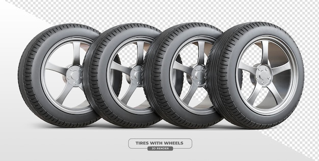 Pneumatici per auto con ruote metalliche in rendering 3D con sfondo trasparente