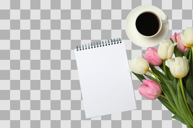 PNG 8 de março Flores com croissant de café e bloco de notas com espaço para texto isolado em fundo branco