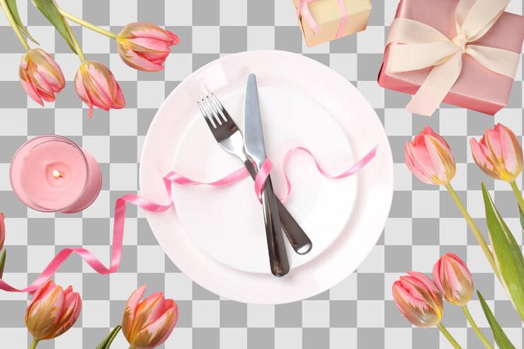 PSD png 8 de marzo cuchillería con flores rosadas y vela aisladas sobre fondo blanco