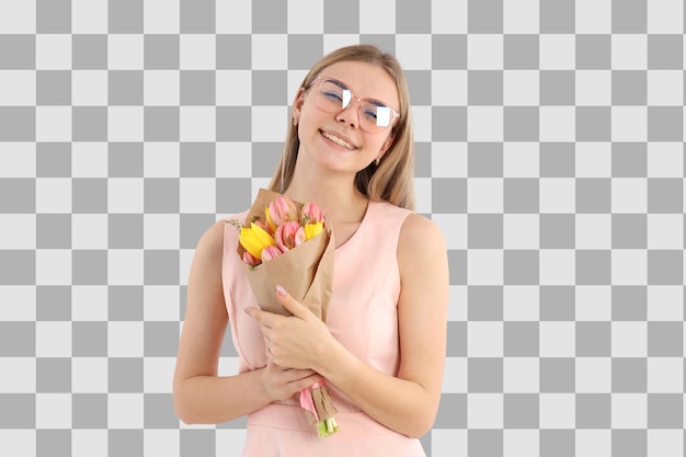 PNG 8 marzo Ragazza con dei fiori nelle mani isolata su uno sfondo bianco