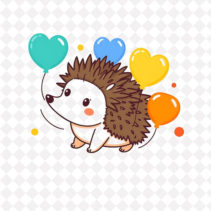 PSD png adorable hérisson avec des formes de ballons flottant autour de lumineux et joyeux dessin d'animal mignon