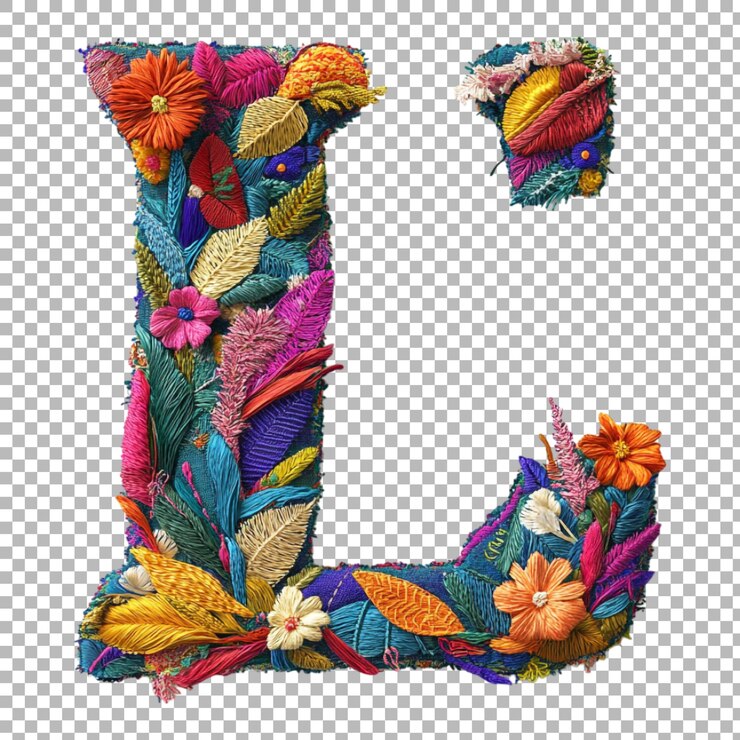 PSD png alfabeto l in stile ricamo isolato su uno sfondo trasparente per disegni artigianali vintage branding o applicazioni di tipografia texturizzata