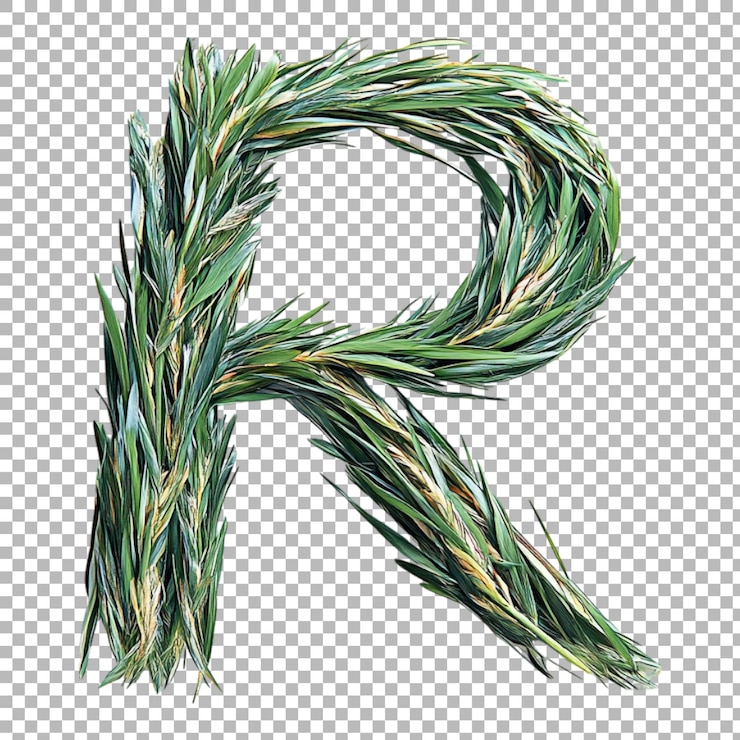 PSD png alfabeto r en estilo de hierba aislado contra un fondo transparente para la naturaleza diseña marcas frescas o aplicaciones de tipografía ecológicas