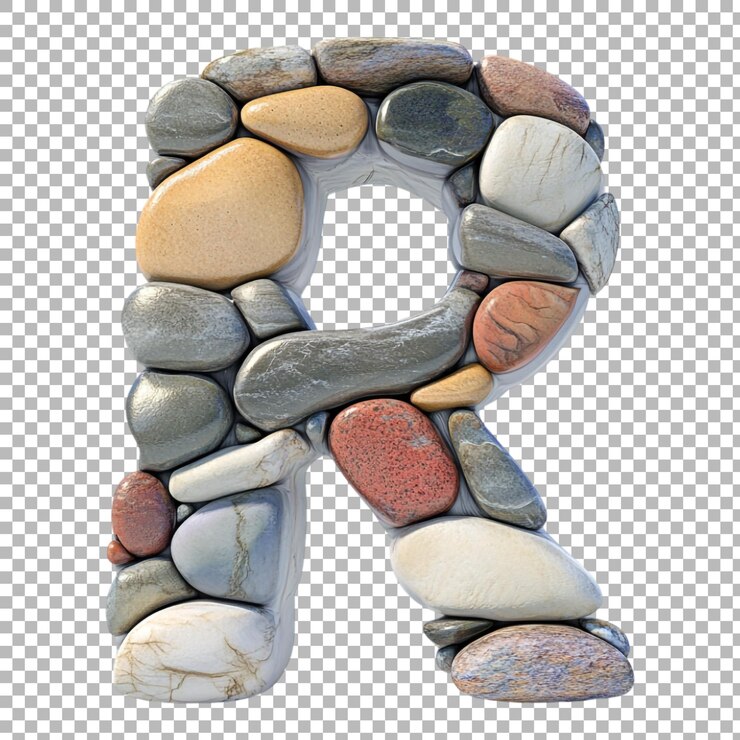 PSD png alfabeto r en estilo de piedras aislado contra un fondo transparente para diseños naturales marcaje de tierra o aplicaciones de tipografía rústica